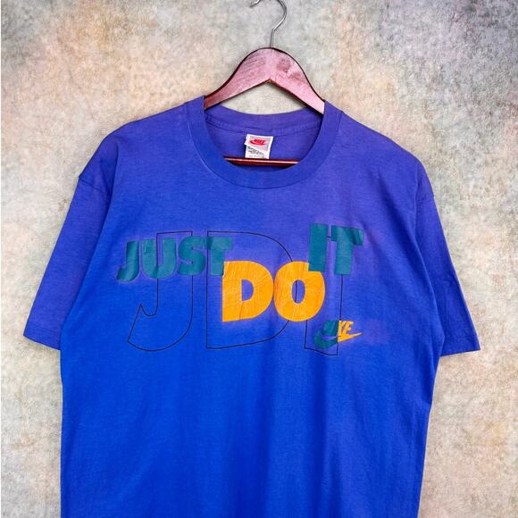 Vintage 80s Nike T Shirt Sz XL Blue Just Do It Logo Gray Tag USA Made Retro - Picture 6 of 8